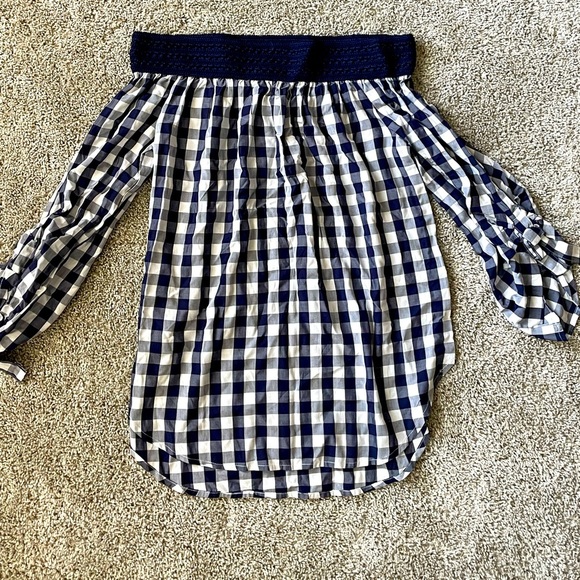 Love fire Off the shoulder blouse plaid blue and white tunic top size medium - Picture 1 of 4